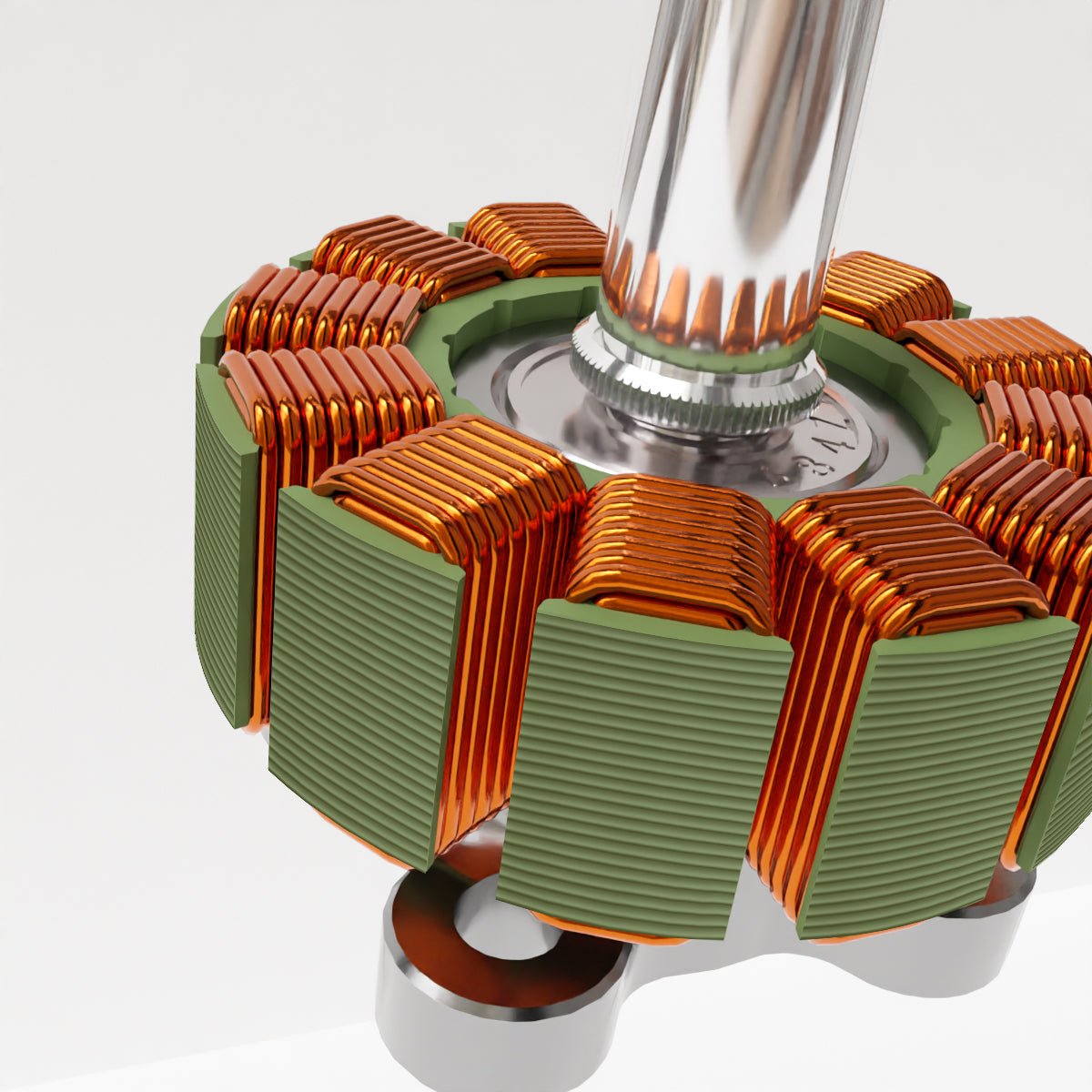 Close-up render of stator with copper windings and motor shaft base detail
