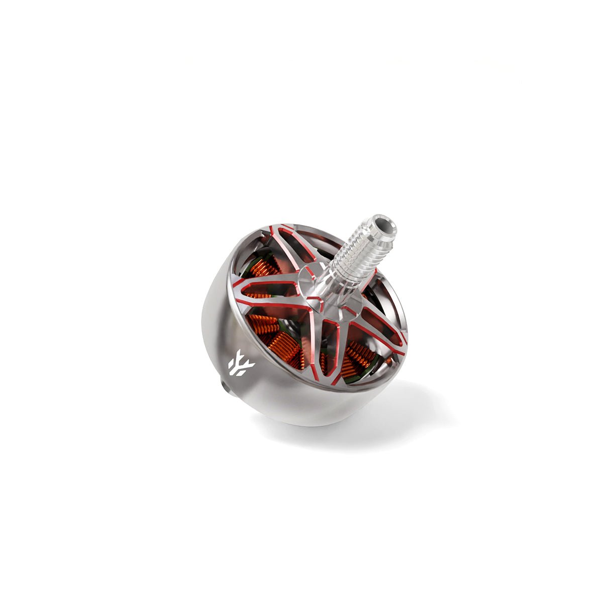 Angled top view of motor showing red cutout bell and copper windings around the stator