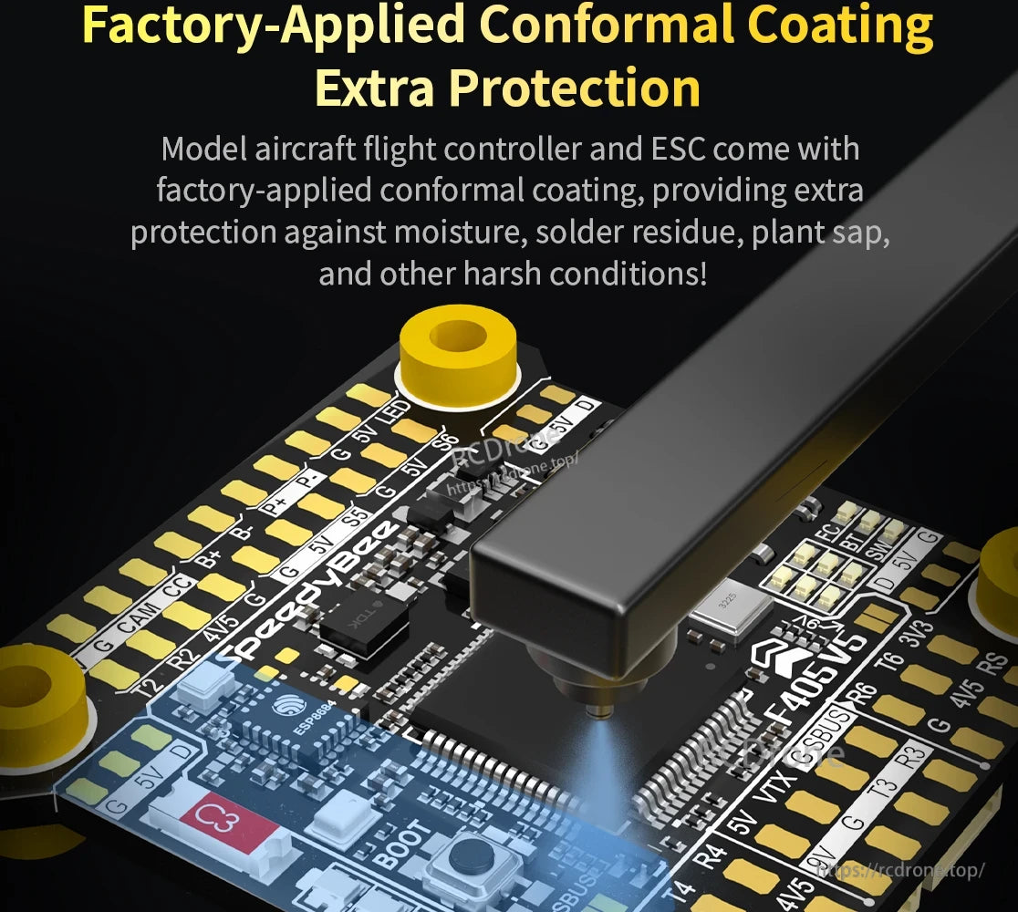 The SpeedyBee F405 model aircraft features factory-applied conformal coating for protection against moisture and harsh conditions.