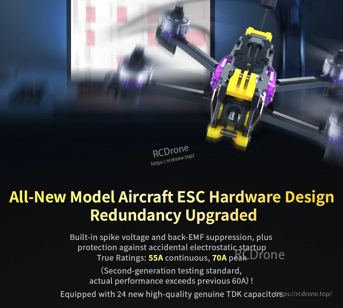 SpeedyBee F405 Model Aircraft, New aircraft ESC design features redundancy, improved voltage and EMF suppression, and electrostatic startup protection.