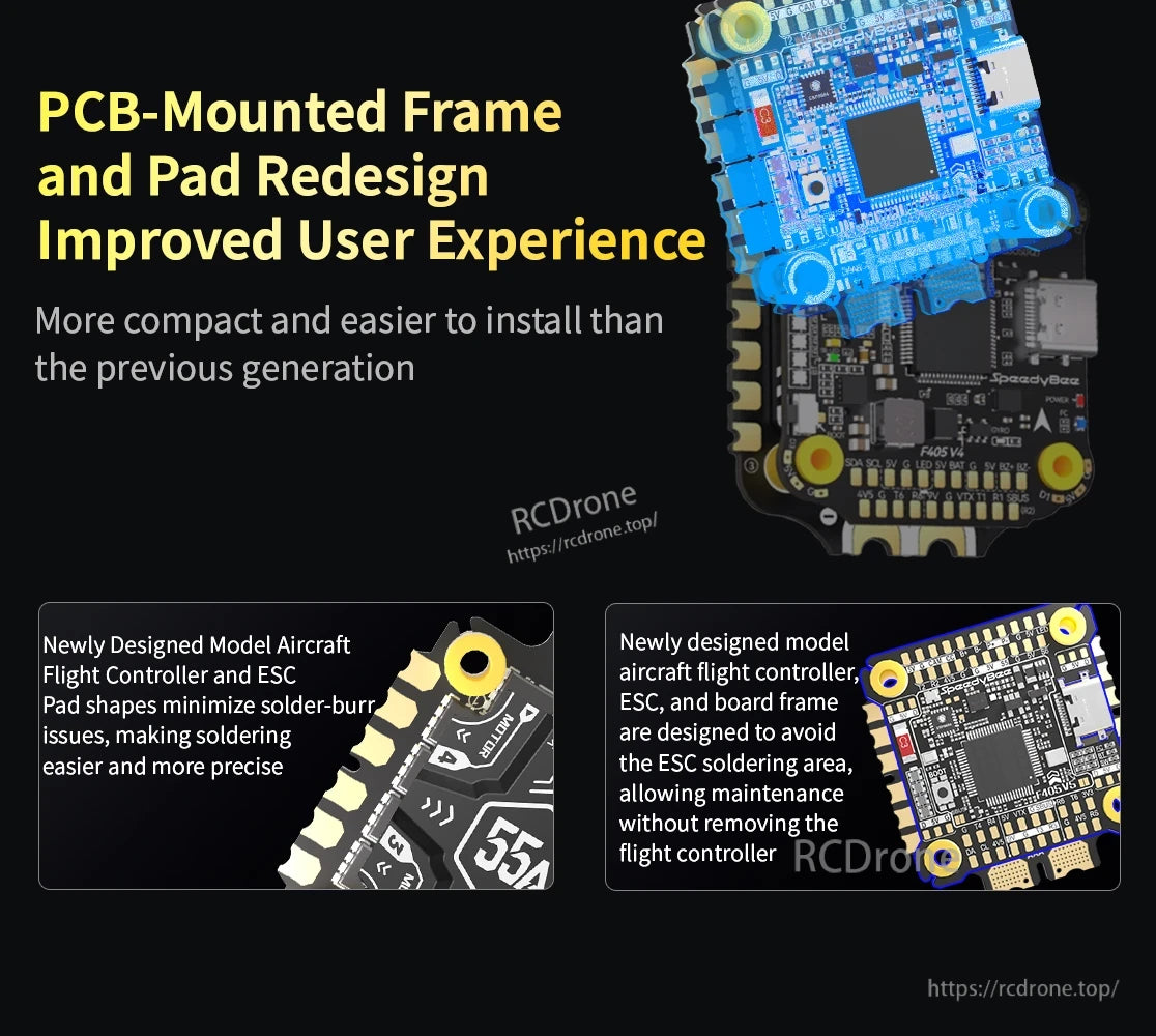 New SpeedyBee F405 Model Aircraft features improved user experience with redesigned PCB-mounted frame and pad for easier installation and maintenance.