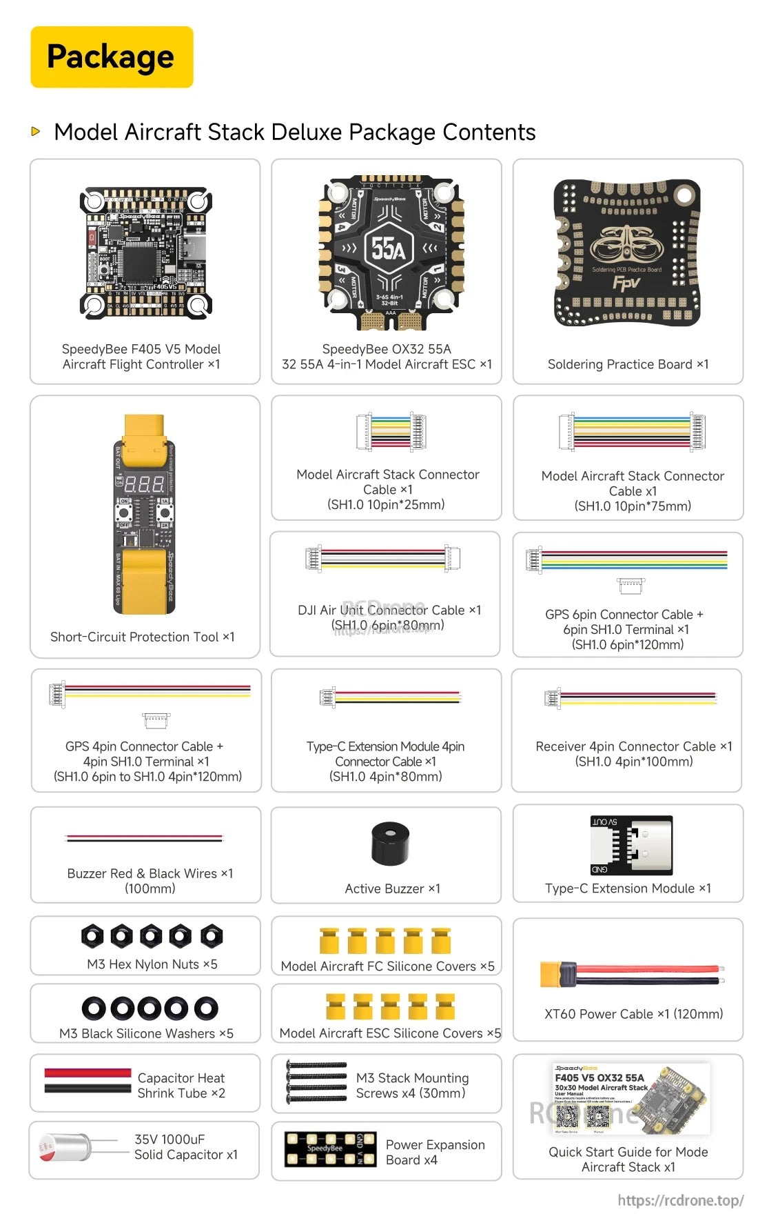 The SpeedyBee F405 Model Aircraft Package Deluxe includes a VS Flight Controller, 4-in-1 ESC, and various accessories.