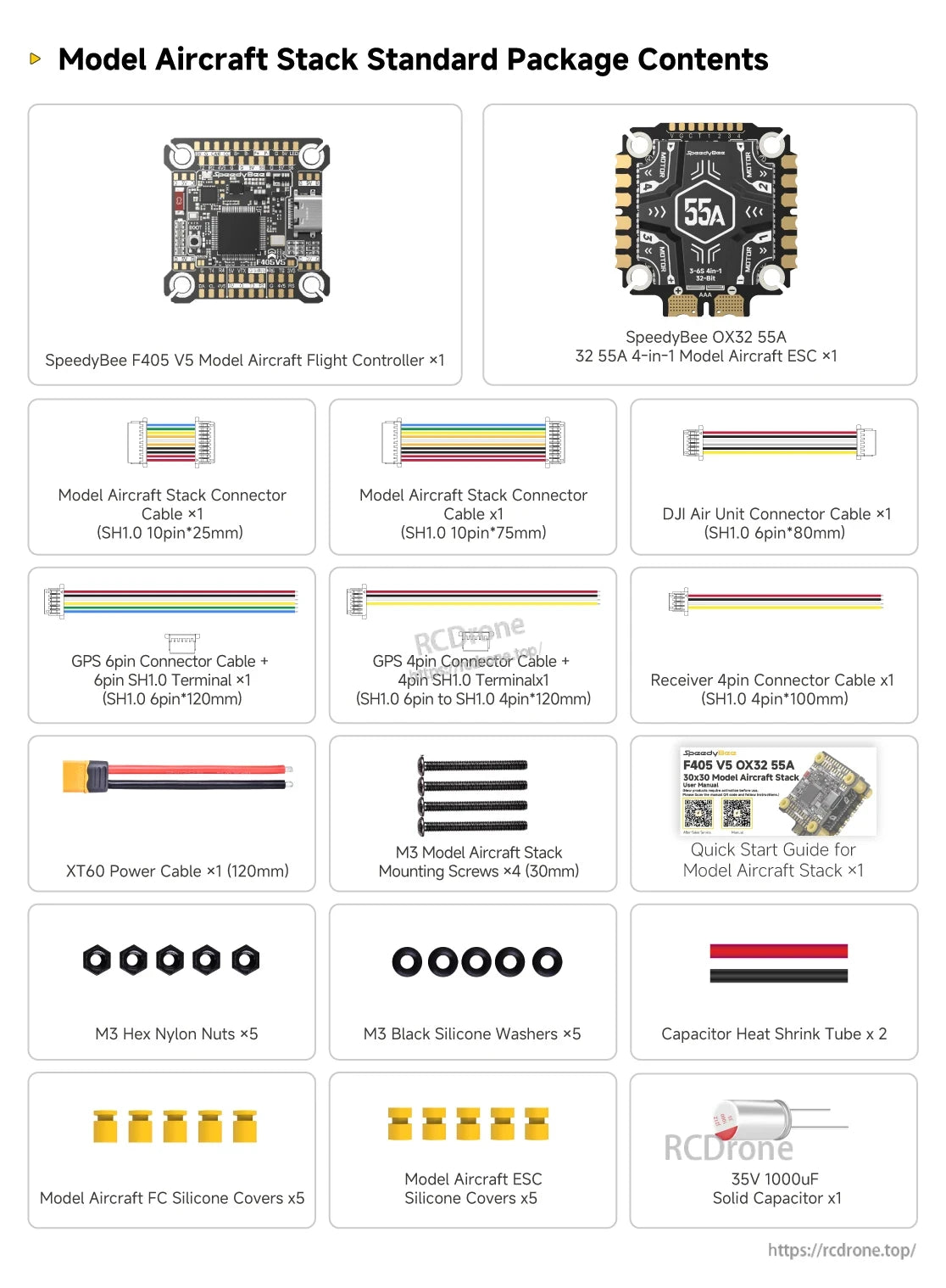 SpeedyBee F405 Model Aircraft, A standard package containing a model aircraft flight controller, ESC, GPS module, receiver, hardware, and miscellaneous components for assembly.