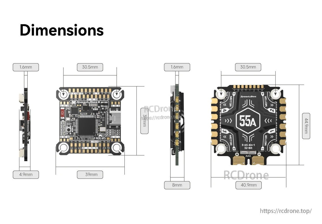 SpeedyBee F405 model aircraft dimensions and specifications.