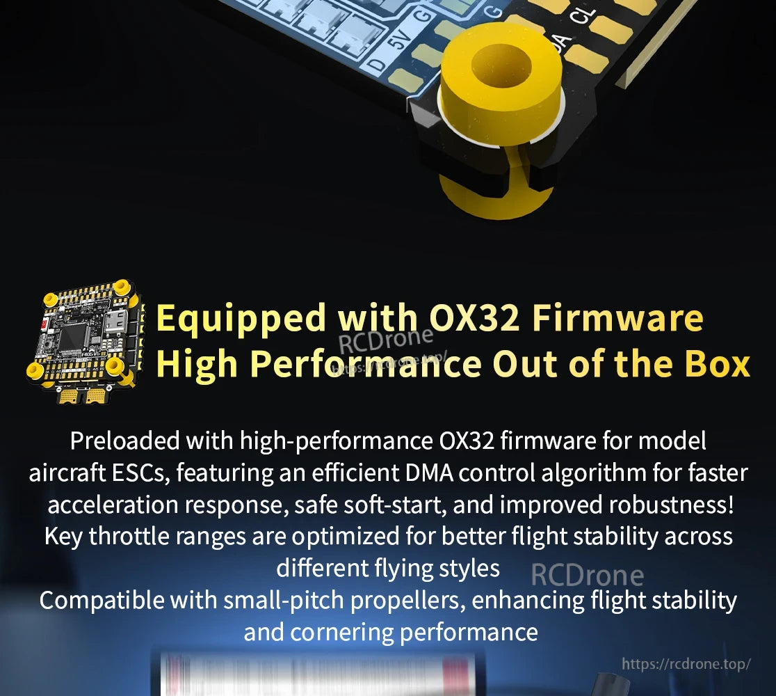 SpeedyBee F405 Model Aircraft, Aircraft with 0X32 firmware features fast acceleration, safe start, and stability through efficient DMA control and optimized throttle ranges.