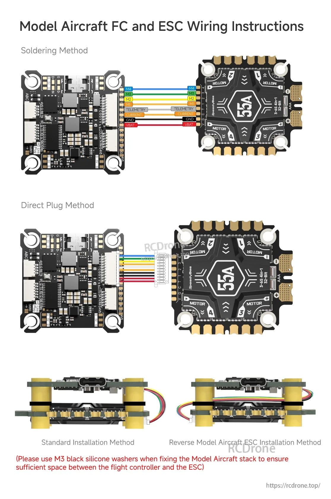 Instructions for wiring SpeedyBee F405 Model Aircraft FC and ESC, including soldering and direct plug methods.