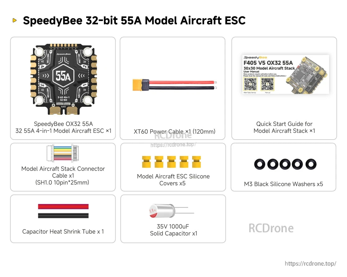 SpeedyBee F405 Model Aircraft features a 32-bit ESC, P-mode, V8ZO F405 V5 OX32 model aircraft stack, and accessories.
