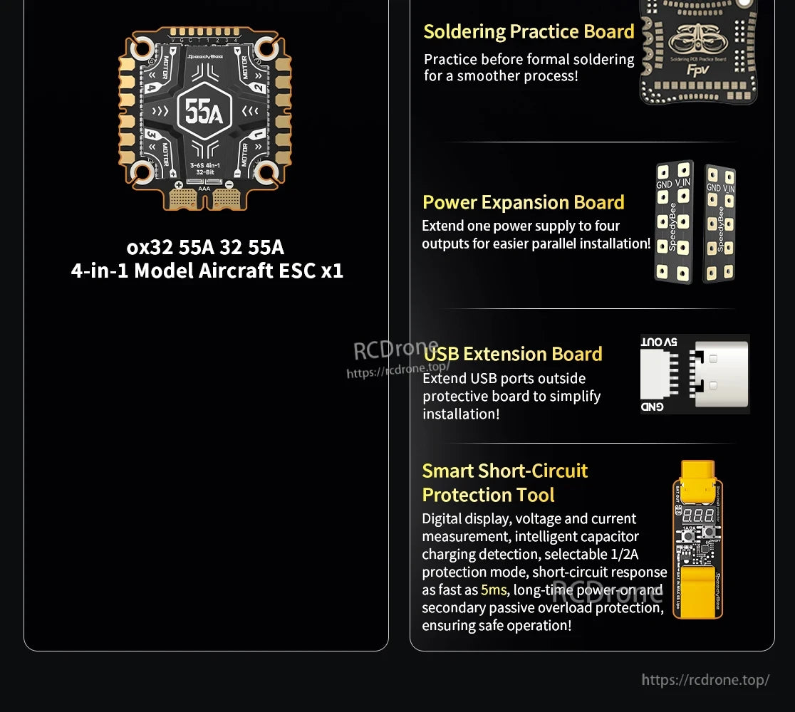 SpeedyBee F405 Model Aircraft, A practice board for soldering featuring FPV capabilities, 32-bit processor, and smart features like short-circuit protection and digital display.