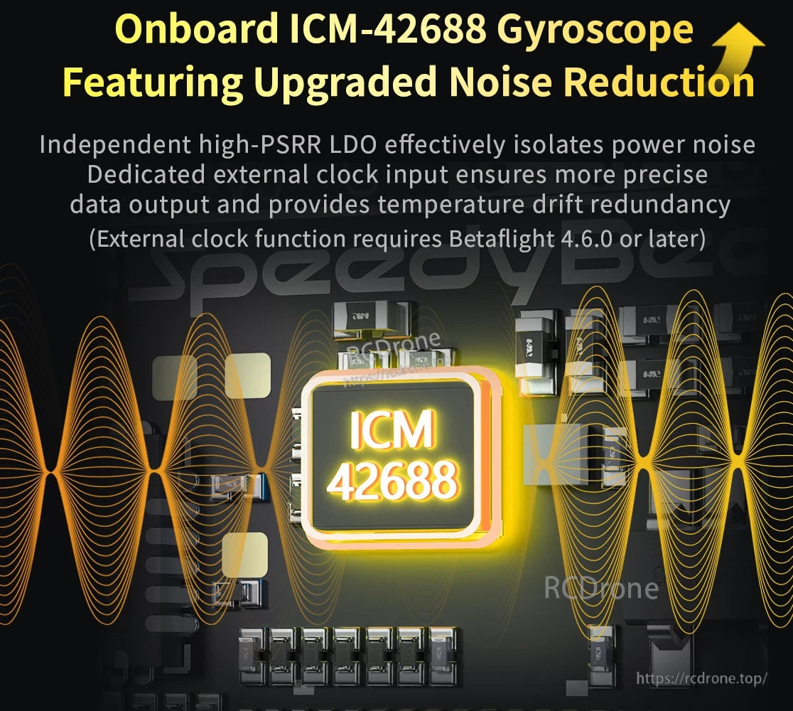 SpeedyBee F405 Model Aircraft, The onboard ICM-42688 gyroscope has improved noise reduction, separate LDO, and dedicated clock input for accurate data output with temperature redundancy.