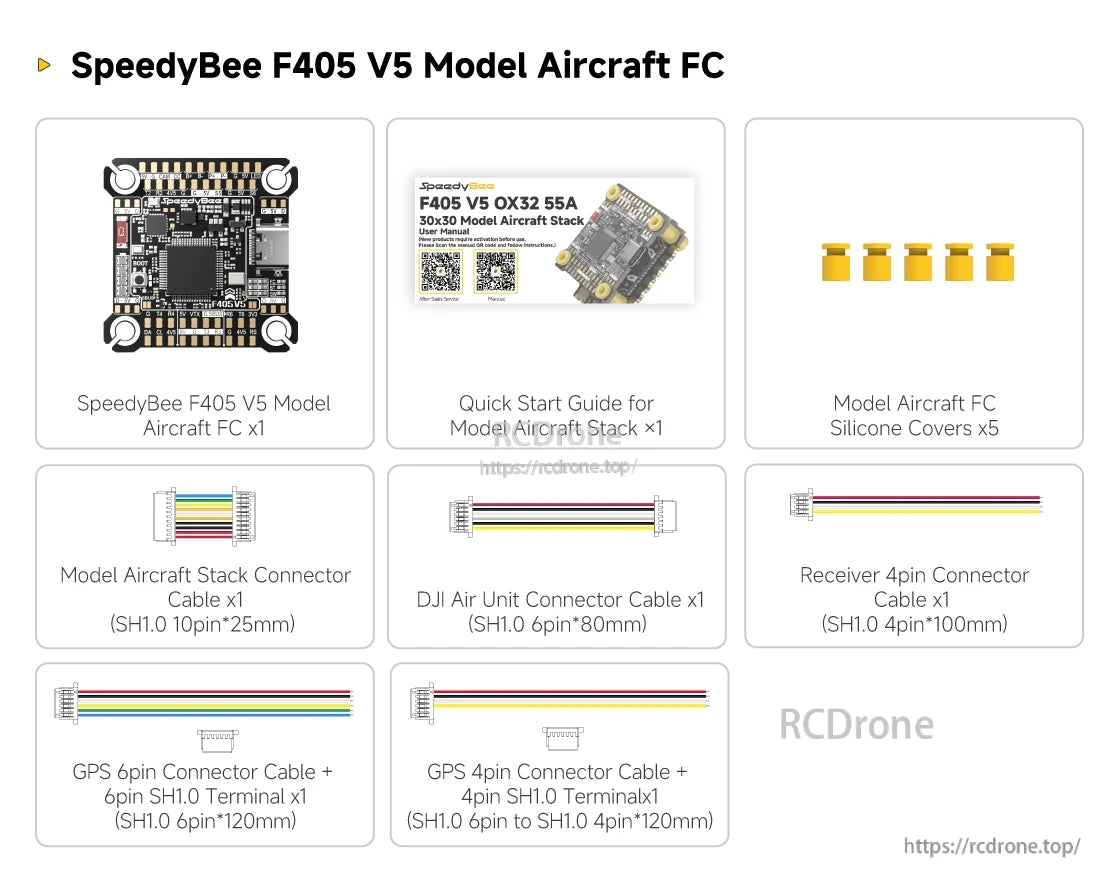 SpeedyBee F405 Model Aircraft, A quick start guide for a model aircraft kit, including parts and cables for building and flying.