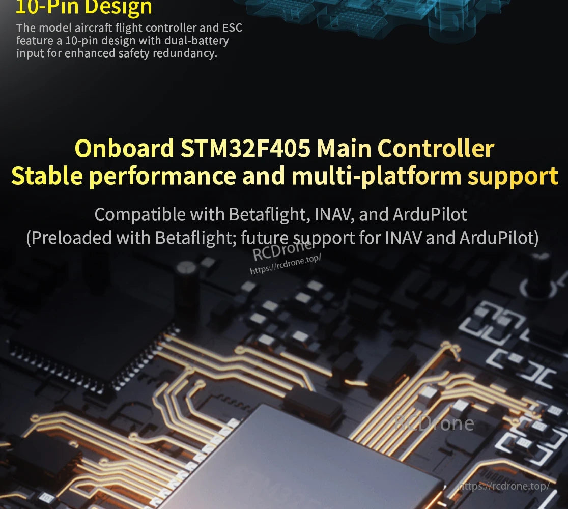 SpeedyBee F405 Model Aircraft, Iupin features a 10-pin layout with dual-battery input for safety, using STM32F4OS for stable performance and multi-platform support.