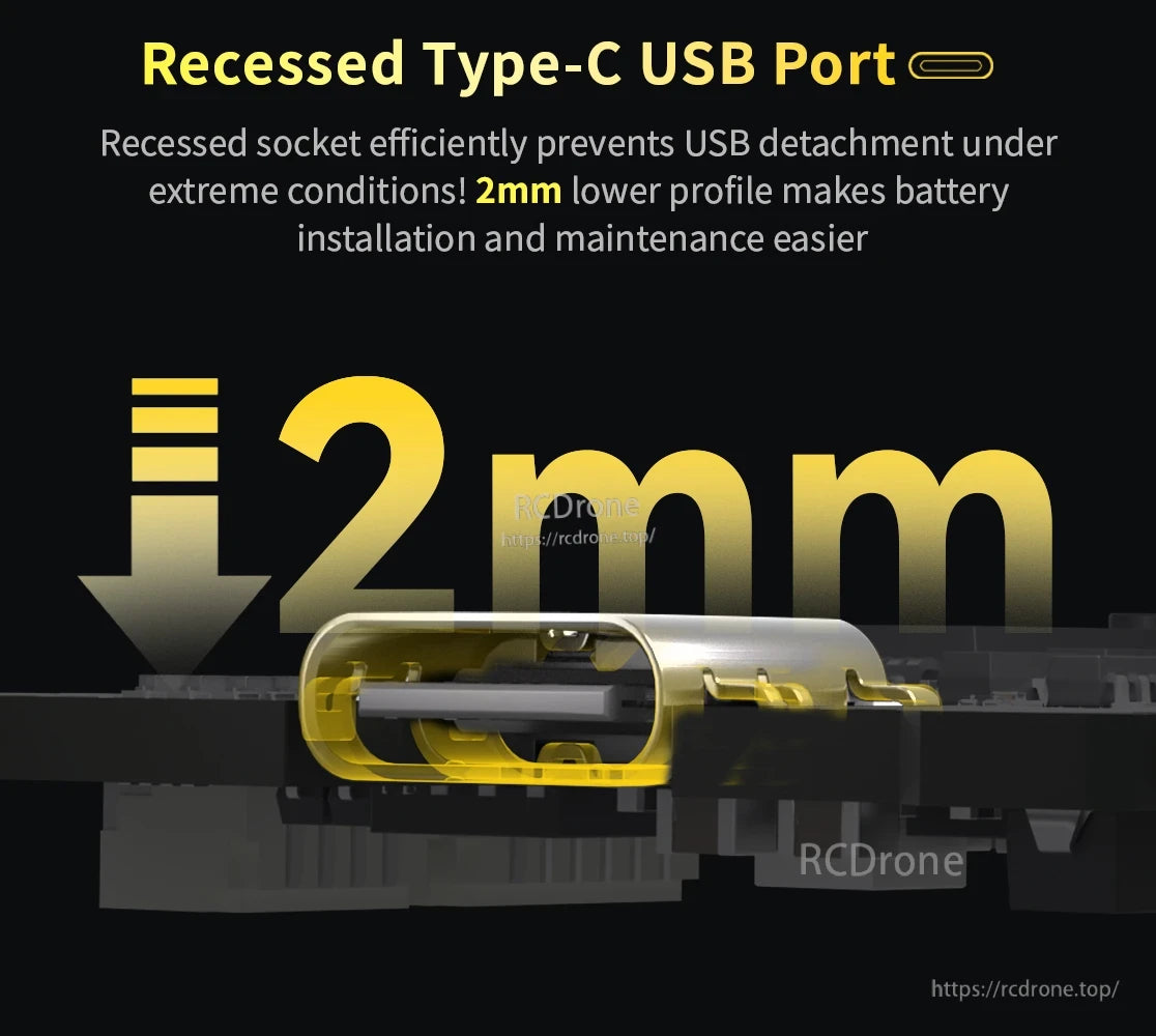 SpeedyBee F405 Model Aircraft, Prevents USB detachment under extreme conditions with recessed Type-C USB port.