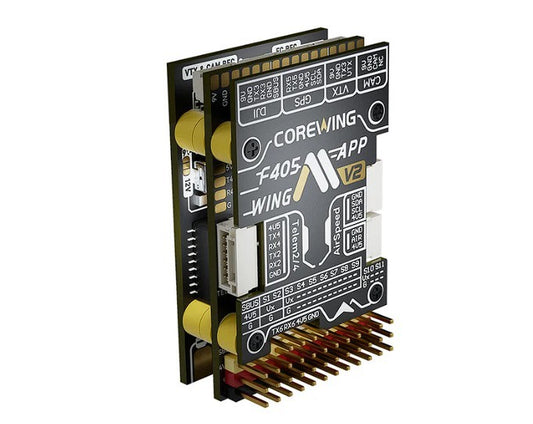 CoreWing F405 Wing V2 Flight Controller angled front view with pin headers and mounting spacers