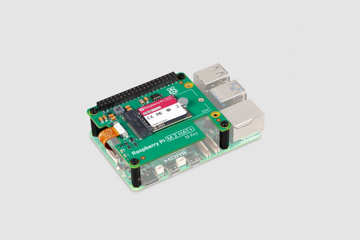 Raspberry Pi 4 storage upgrade kit includes pre-assembled NVMe SSD and standoffs for improved performance.
