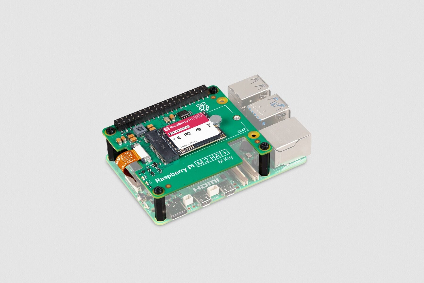 Raspberry Pi 4 storage upgrade kit includes pre-assembled NVMe SSD and standoffs for improved performance.