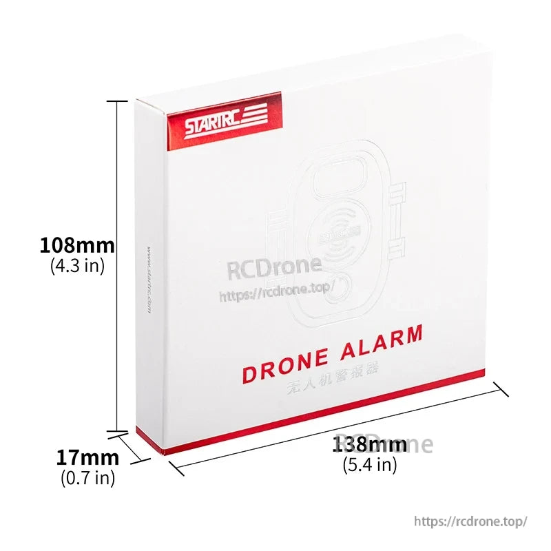Startrc Drone Alarm Tracker, 138x108x17mm, white box with red accents – a compact tracking device for drones, featuring alarm functions and sleek design.