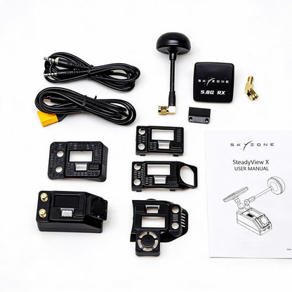 SKYZONE SteadyView X receiver kit contents with antennas, cables, faceplate shells, adapter and user manual