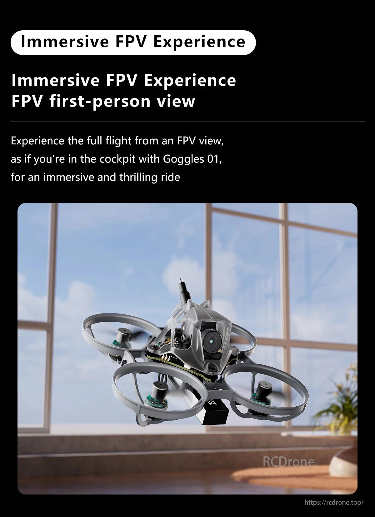 Sub250 65mm Whoop Drone, Experience thrilling FPV flight with Goggles 01, offering an immersive first-person view as if you're in the cockpit.