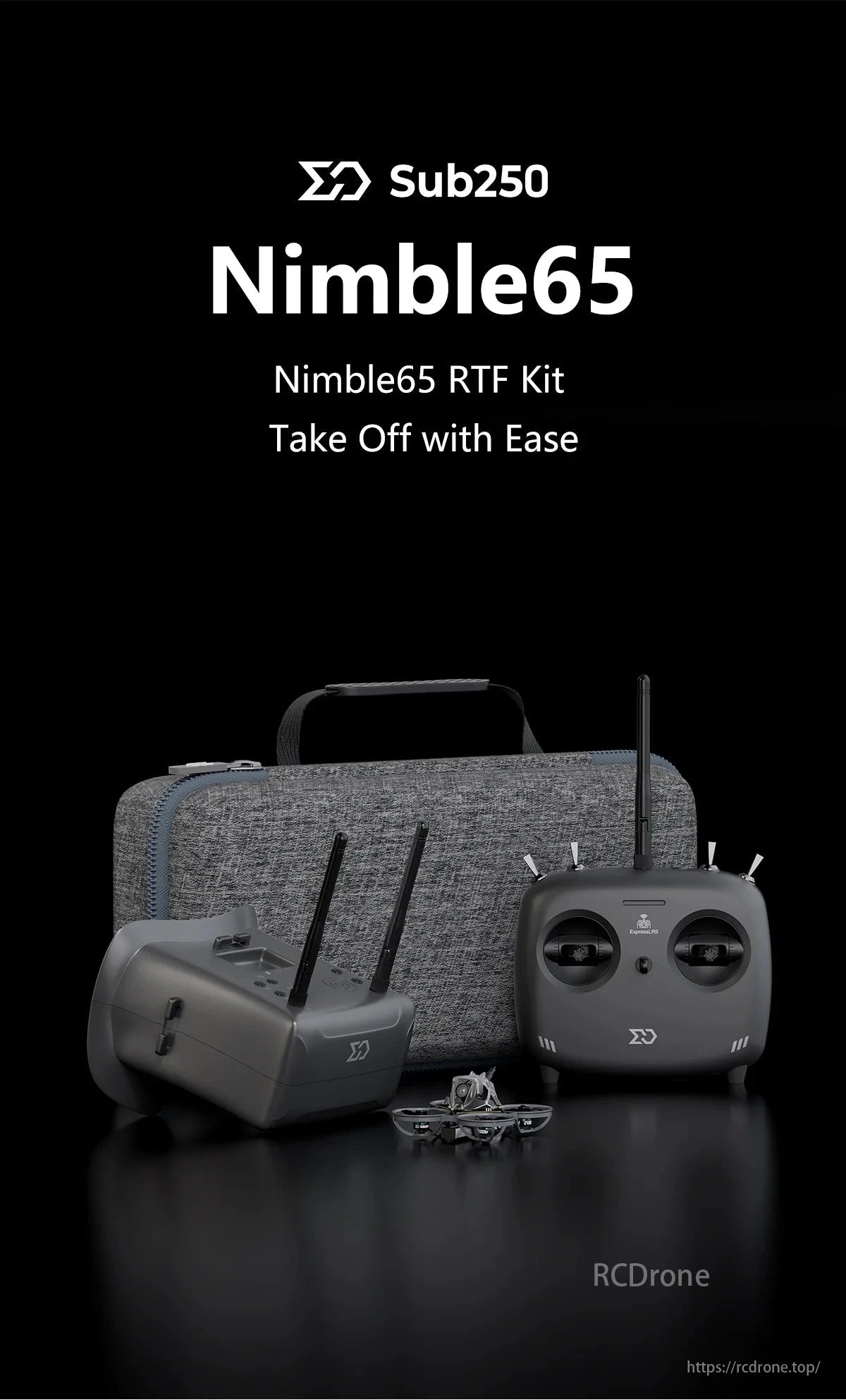 Sub250 65mm Whoop Drone, Sub250 Nimble65 RTF Kit includes drone, controller, and case for easy flight setup.