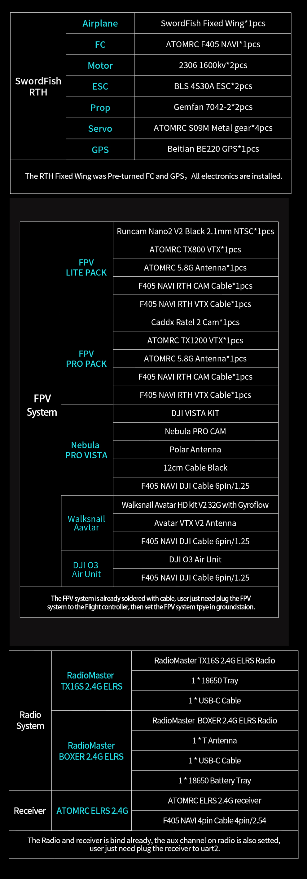 the FPV system is already soldered with cable; userjust need plugthe FP