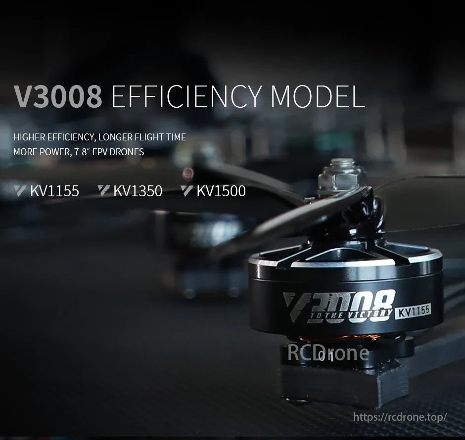 T-Motor, V3008 Efficiency Model offers higher efficiency, longer flight, and more power for 7-8" FPV drones with KV options: 1155, 1350, 1500.
