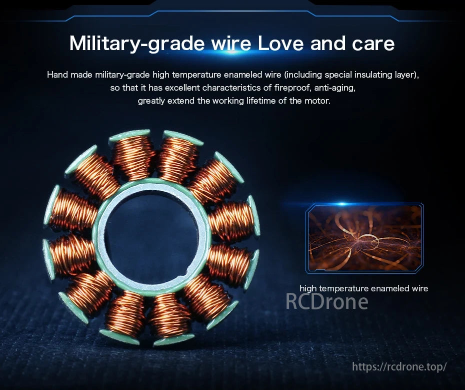 T-motor, Military-grade wire with high-temperature enamel coating is fireproof, anti-aging, and extends motor lifespan.