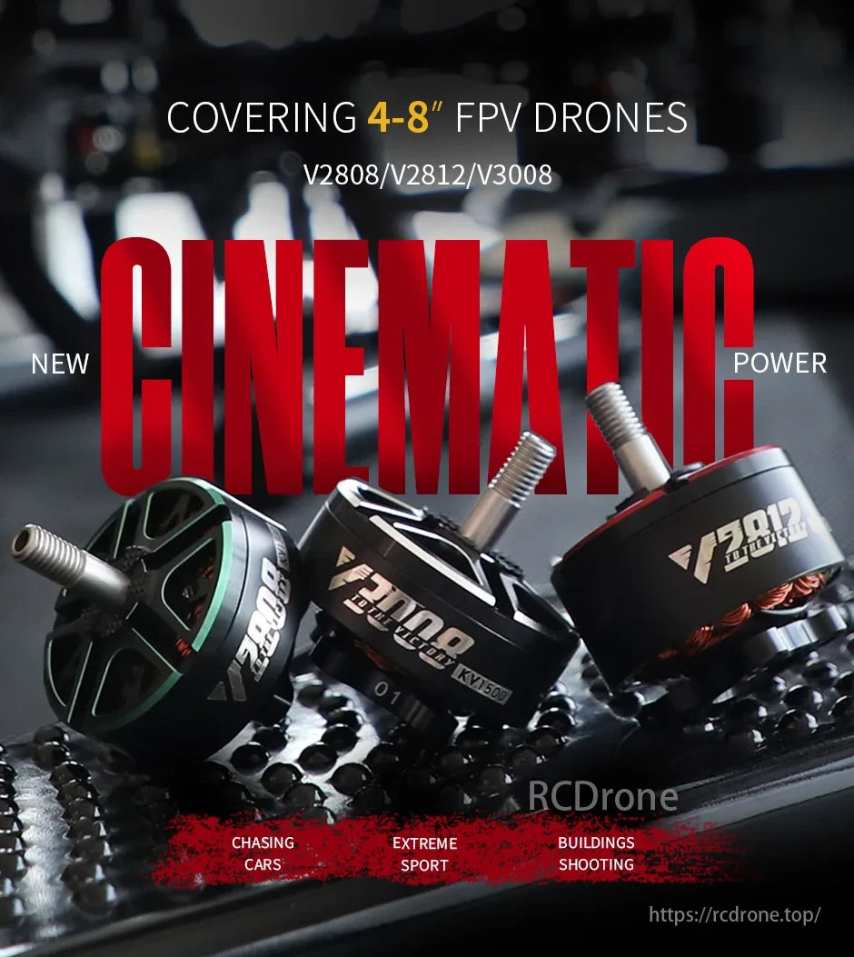T-Motor FPV drones V2808/V2812/V3008 provide powerful performance for car chasing, extreme sports, and building shooting.