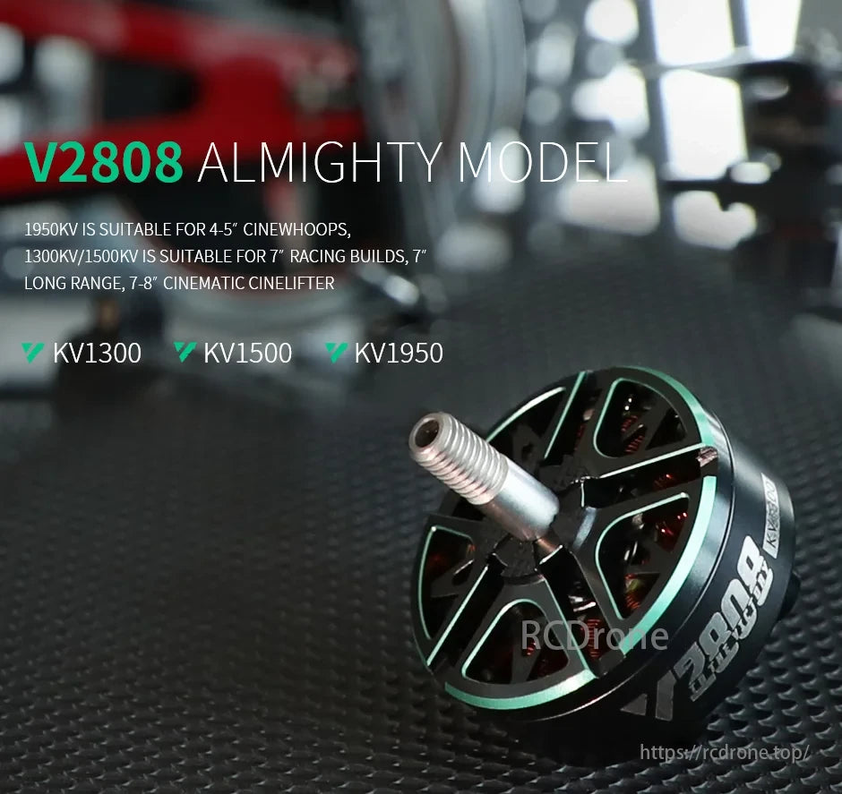T-Motor, V2808 Almighty motors: 1950KV for 4-5" CineWhoops, 1300/1500KV for 7" racing & long-range builds. Options: KV1300, KV1500, KV1950.