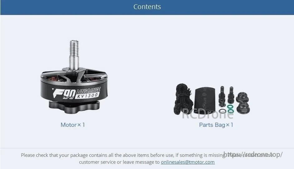 T-MOTOR product includes Motor KV1300 and Parts Bag. Check contents before use and contact support for any missing items.