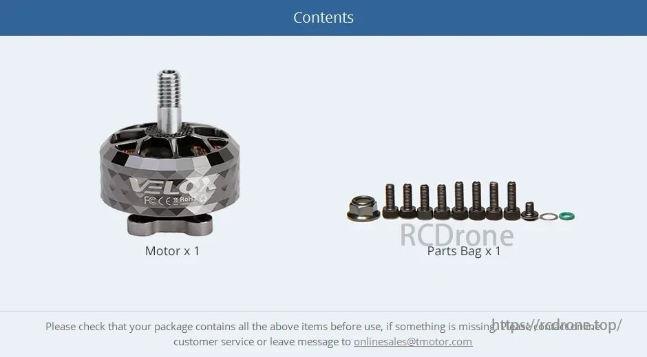 T-Motor Velox package includes one motor and one parts bag; ensure completeness before use and contact support for missing items.