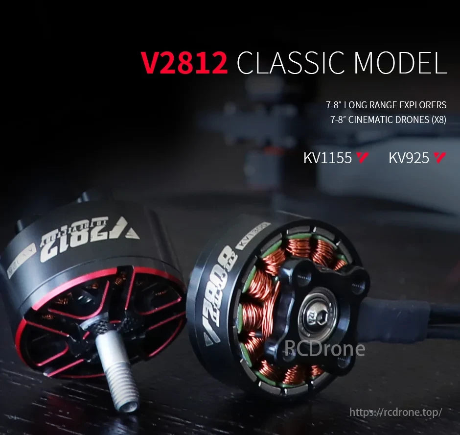 T-Motor, V2812 Classic Model for 7-8" drones with KV1155/KV925 options, ideal for long-range exploration and cinematic use.