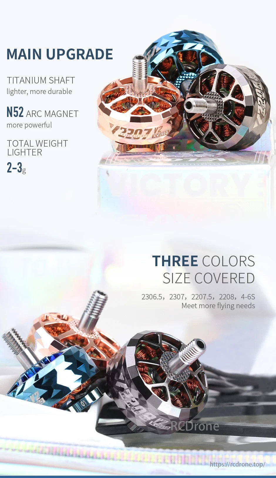 T-MOTOR upgrade features titanium shaft, N52 magnet, lighter weight, various colors, sizes for 4-6S flight.