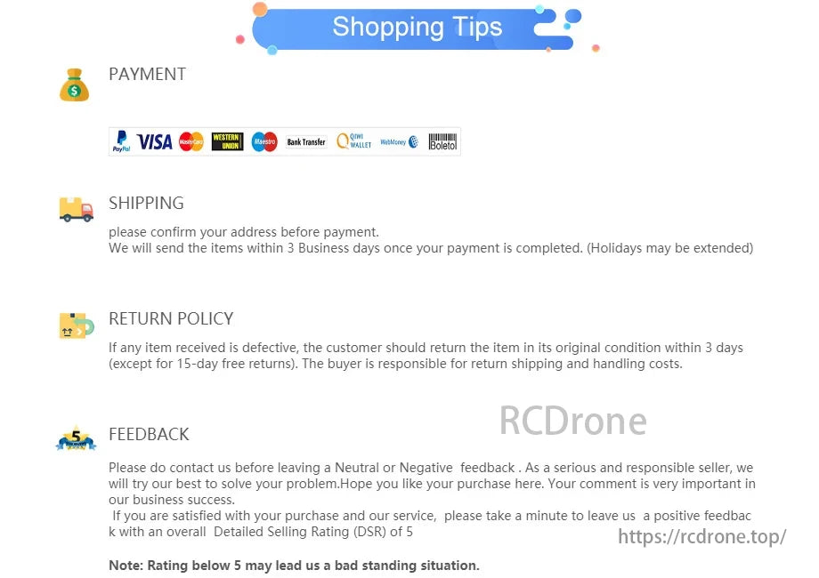 T-motor, Payment via PayPal, VISA; ships in 3 days; 3-day return for defects; positive feedback appreciated; ratings below 5 may cause problems.