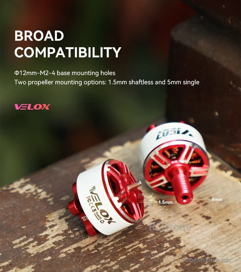 T-MOTOR VELOX provides Φ12mm-M2-4 mounting holes and 1.5mm/5mm propeller options, ensuring broad compatibility.