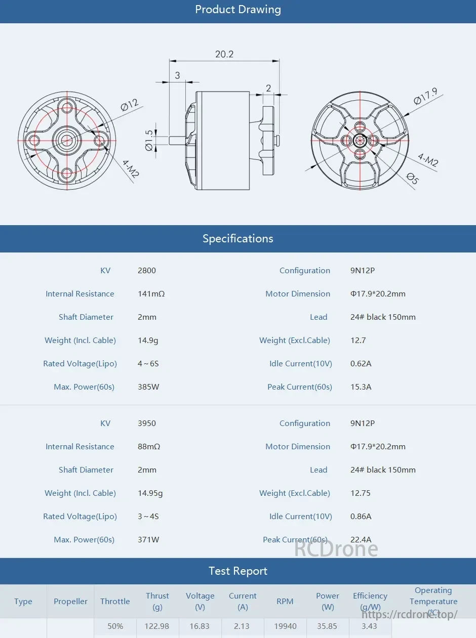 T-Motor specs include KV, size, weight, voltage, and power values. Test report details thrust, RPM, efficiency, and temperature.