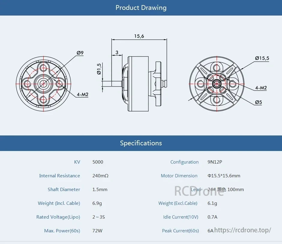 T-MOTOR, A small motor with Φ15.5*15.6mm size, KV 5000, 240mΩ resistance, 1.5mm shaft, 6.9g weight, 2~3S Lipo, 72W max power, and 9N12P configuration is described, including diagrams and specs.