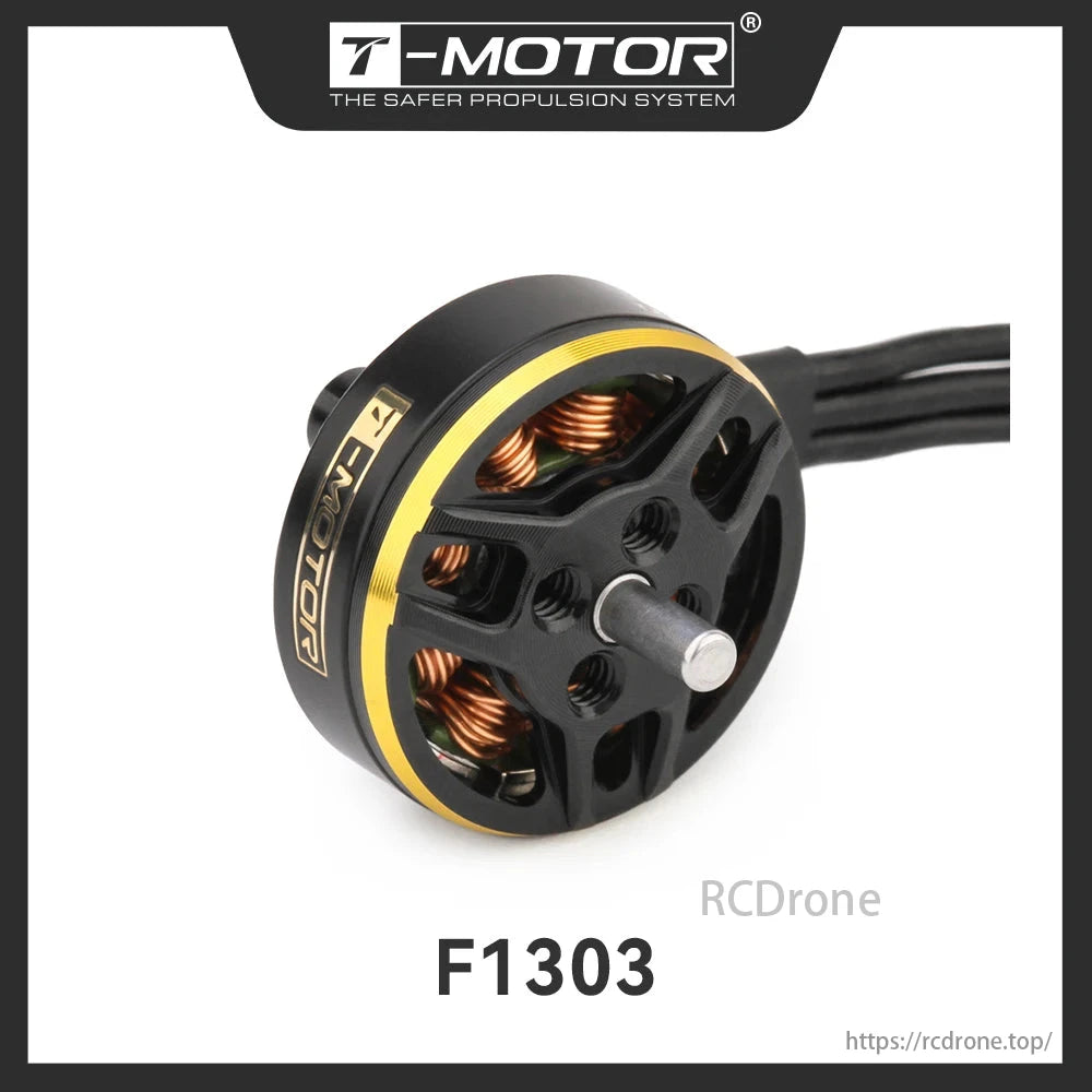 T-MOTOR F1303 5000KV brushless motor for lightweight, silent 3-inch FPV drones; 2mm shaft, safe propulsion design.