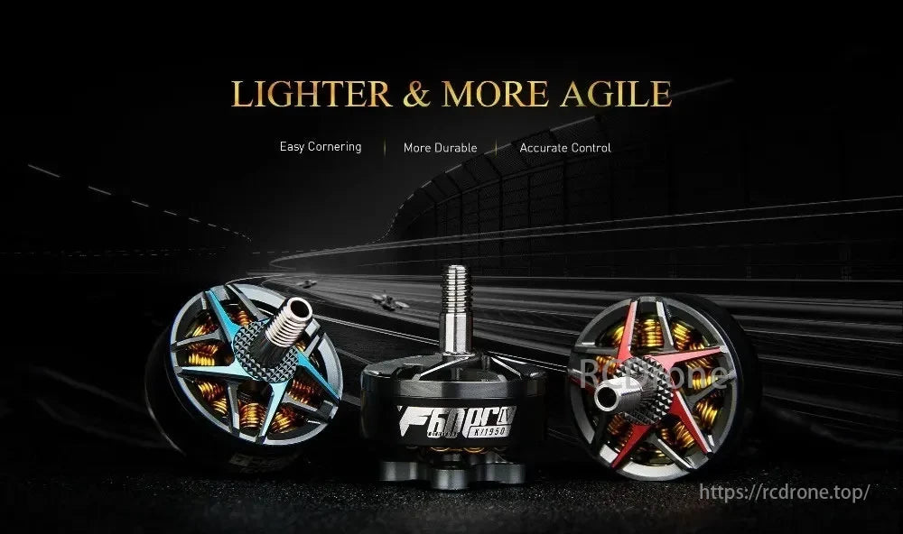 T-Motor F60 Pro: Lightweight, agile, durable, accurate control. Vibrant accents on sleek design.