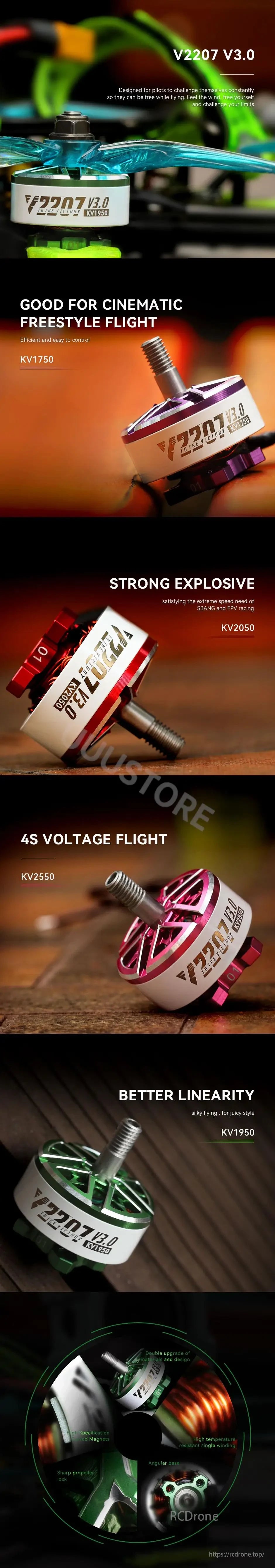 T-Motor, V2207 V3.0 motors offer cinematic freestyle flight, strong speed, 4S voltage, and various KV options, enabling pilots to push limits.