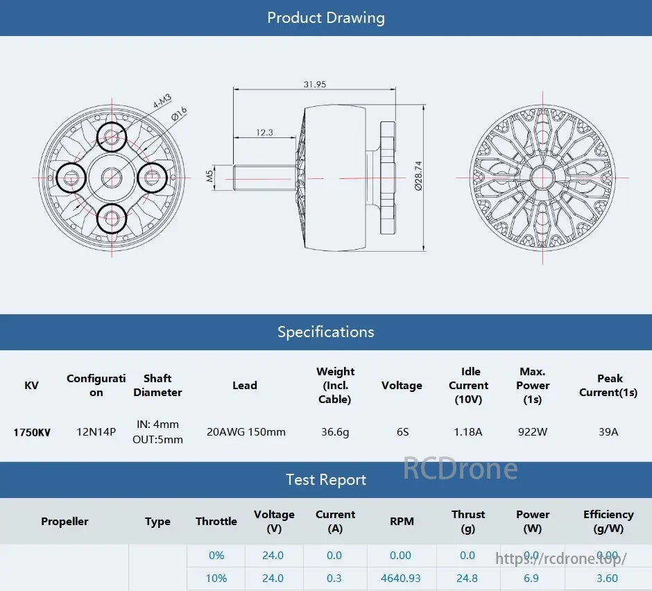 T-MOTOR ITS 2208 1750KV motor for 5-inch 6S FPV drones, with specs like 12N14P, 4/5mm shaft, 36.6g, 922W power, and test data on RPM, thrust, etc.