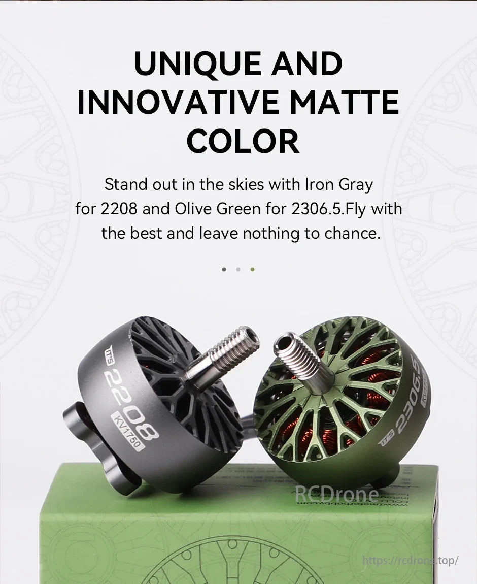 T-MOTOR, Unique matte colors: Iron Gray for 2208, Olive Green for 2306.5. Stand out in the skies with innovative drone designs.