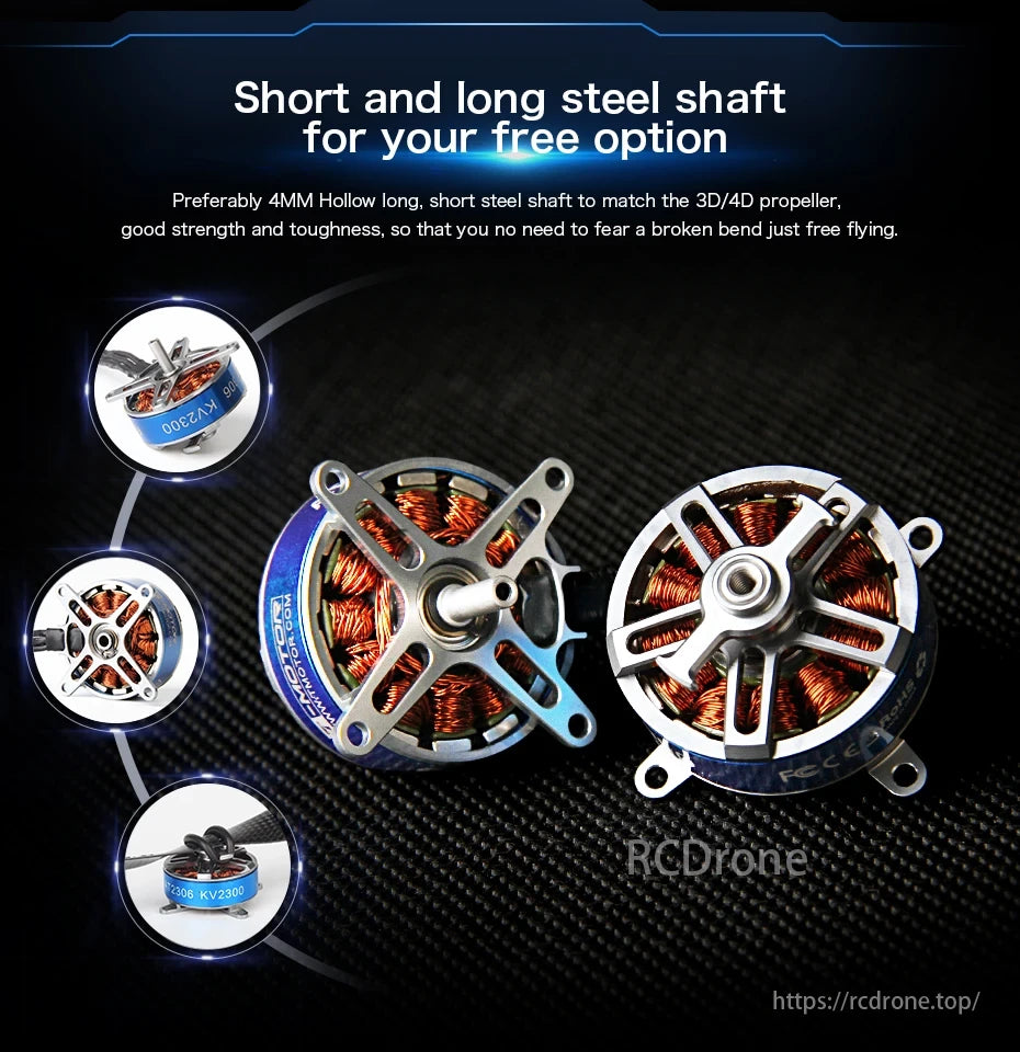 T-motor offers short/long steel shafts, 4MM hollow design for 3D/4D propellers, ensuring strength and safe free flying.