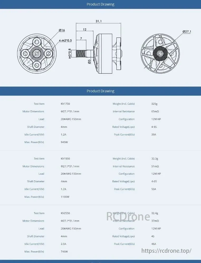 T-Motor specs: KV1750-2550, 27.1x31.1mm size, 4mm shaft, 32.4-325g weight, 37-65mΩ resistance, 12N14P config, 4-6S voltage, 39-50A current, 746-1190W power.
