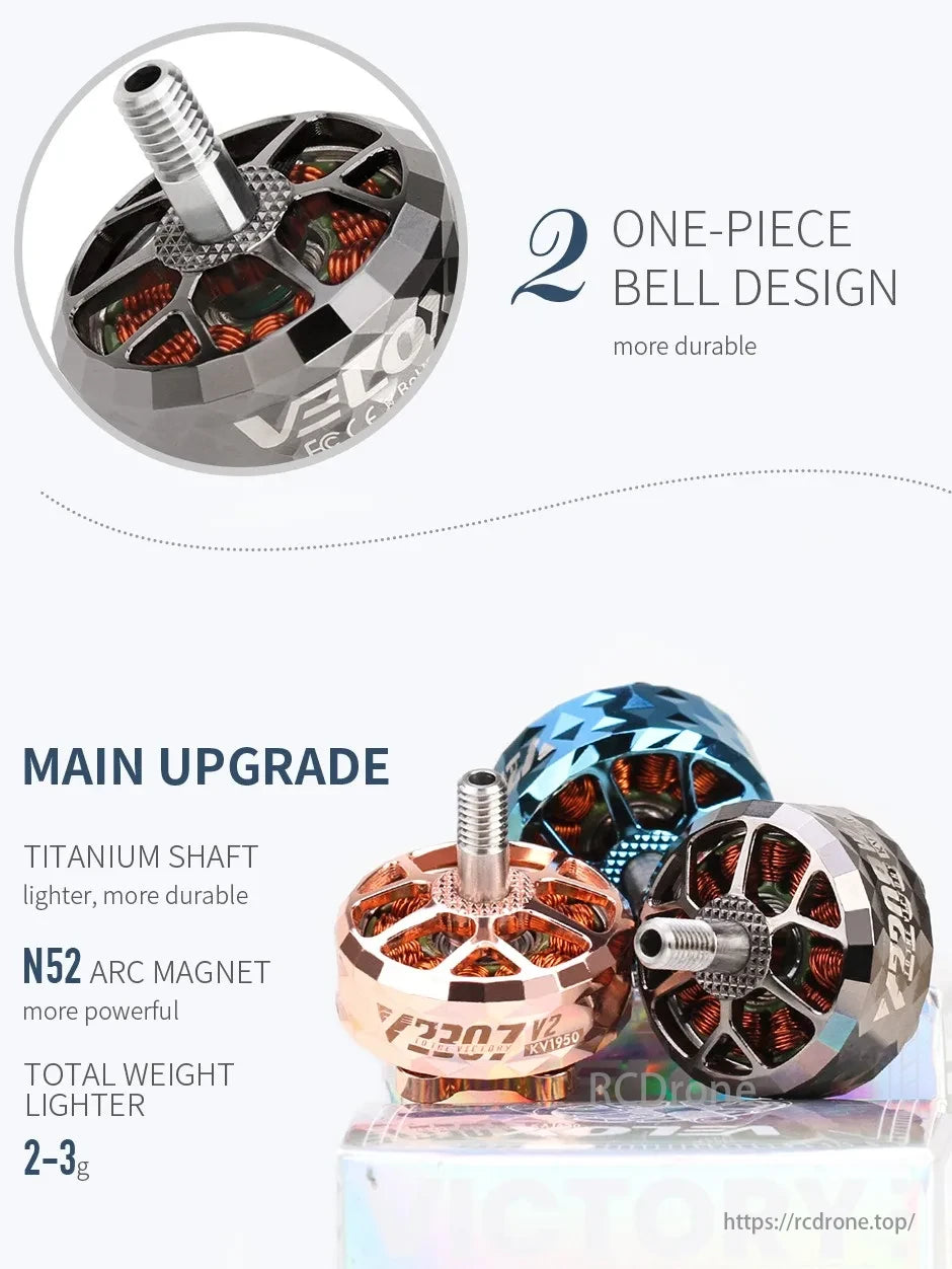 T-MOTOR features a one-piece bell, titanium shaft, N52 magnet, and reduced weight for enhanced durability and power.