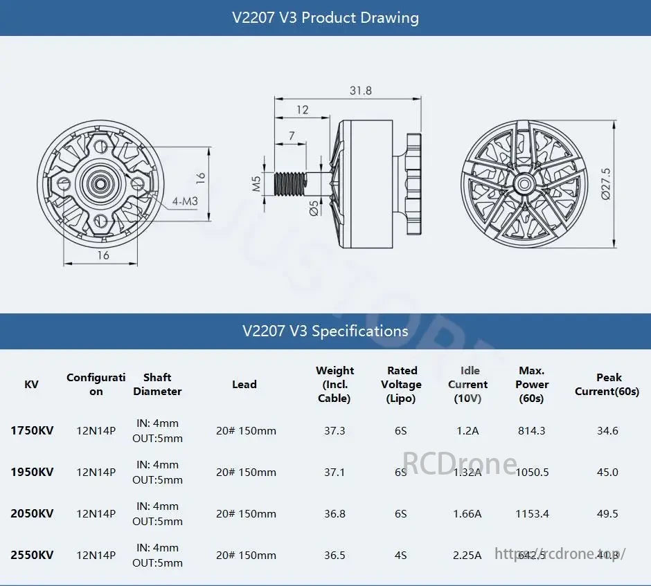 T-Motor, V2207 V3 motors offer 1750-2550KV options, 12N14P config, 4mm input, 5mm shaft, 6S voltage (2550KV at 4S), with varying specs for idle current, max power, and peak current.
