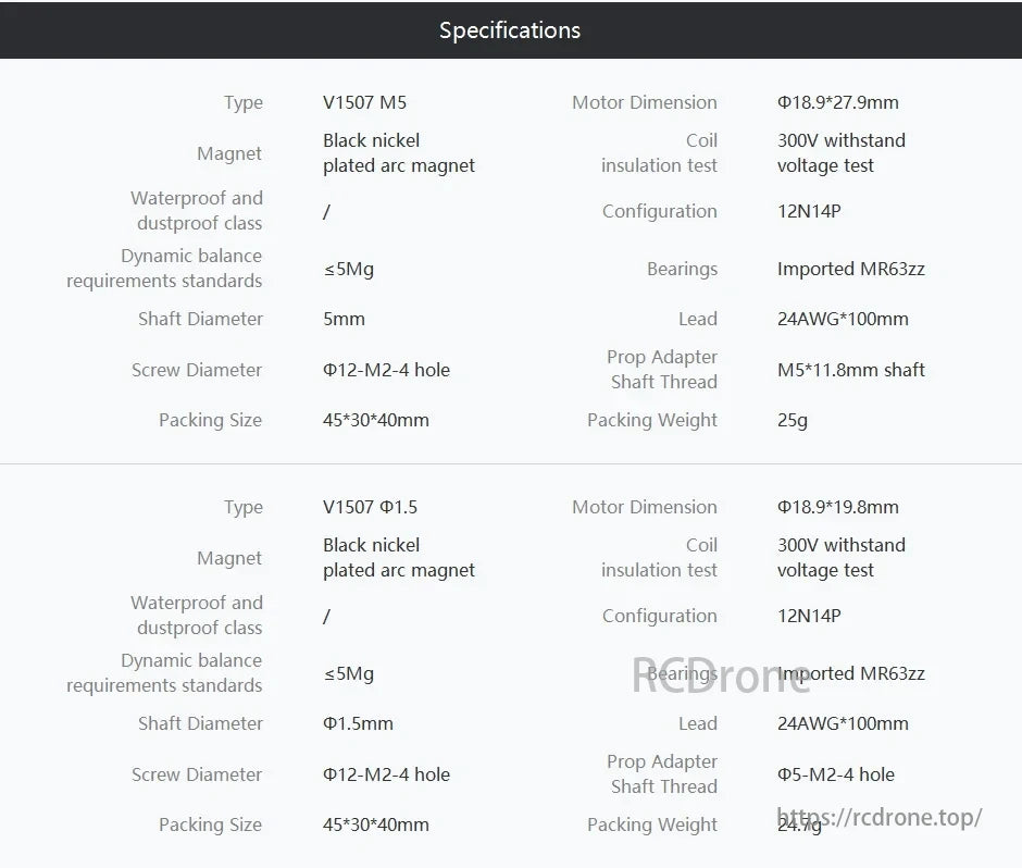 T-MOTOR, V1507 motors with black nickel magnets, 300V insulation, 12N14P config, MR63zz bearings, 24AWG leads; specs cover shaft/screw diameters and packing sizes.