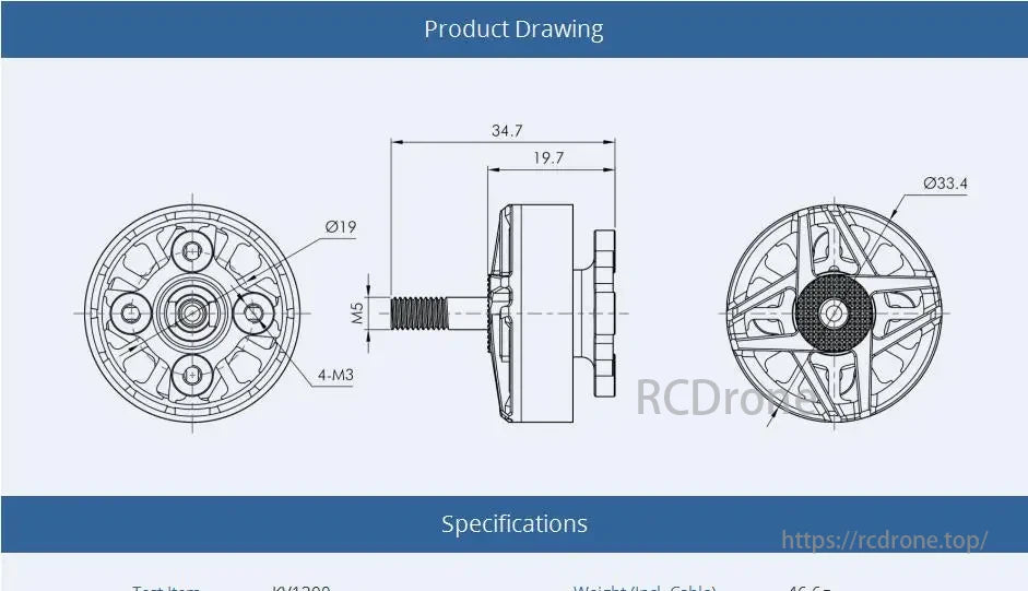 T-MOTOR specifications: 34.7mm, 19.7mm, Ø19, Ø33.4, M5, 4-M3 threading, weight 46.6g.