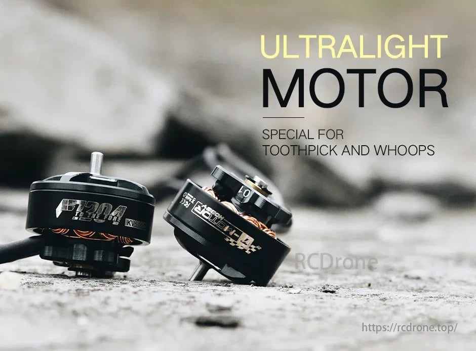 T-MOTOR ultralight motors for toothpick/whoops, compact, efficient, with visible copper windings and black casing.