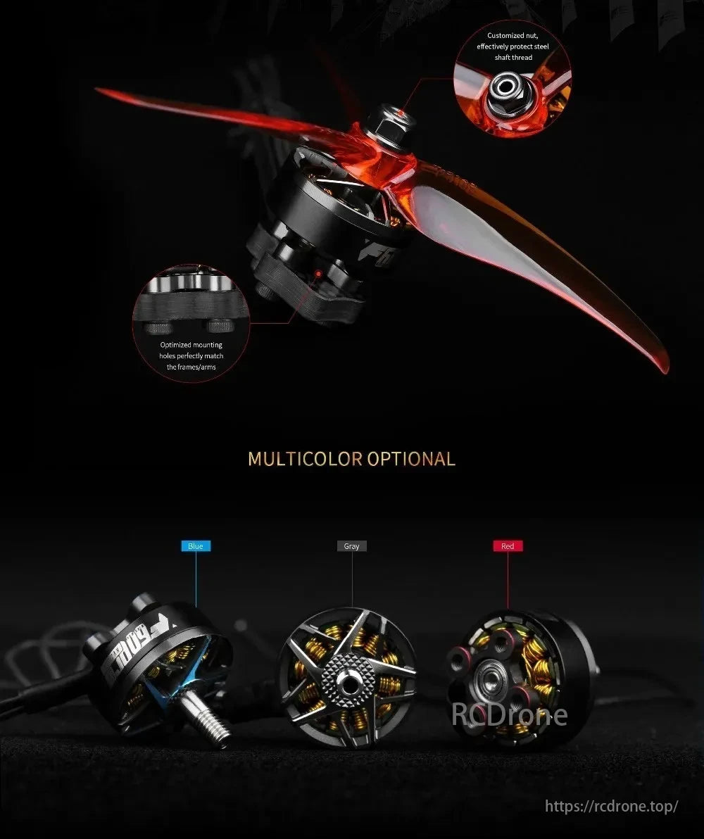 T-Motor features customizable nut, optimized mounting holes, and comes in blue, gray, and red color options.