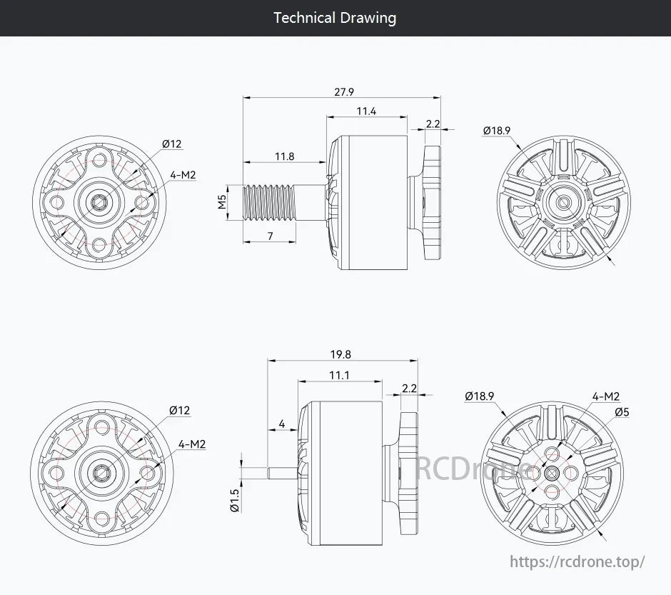 T-MOTOR technical drawing includes dimensions: Ø12, 4-M2, M5, Ø18.9, Ø5, and Ø1.5 for precise component design and assembly.